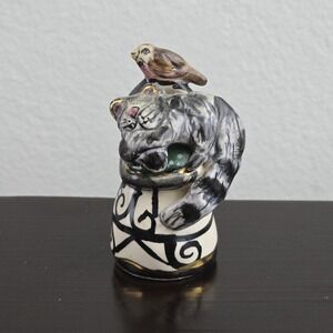 Blue Sky Clayworks Heather Goldminc Cat & Bird Candle Snuffer Hand Painted 2.5"